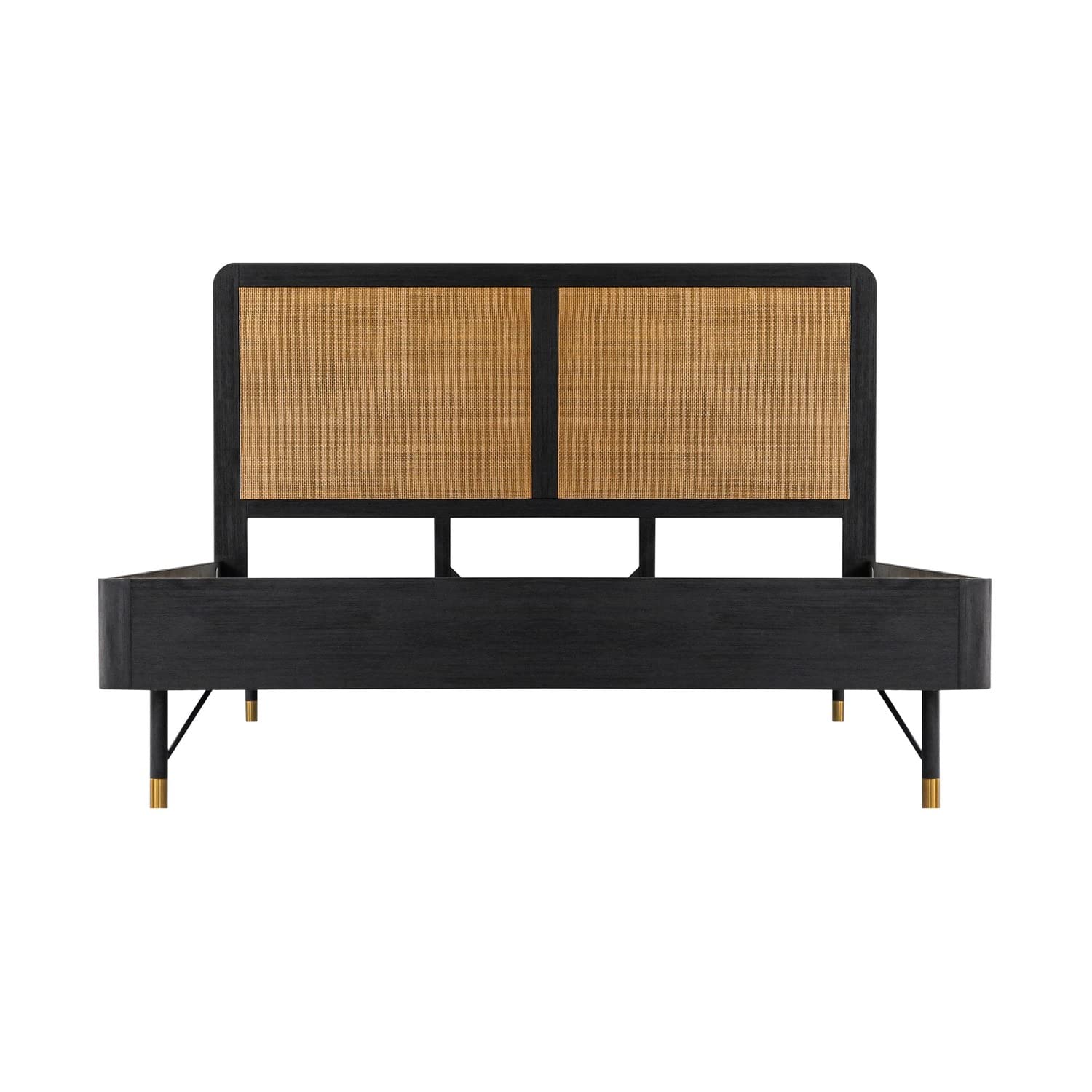 Armen Living Saratoga King Platform Frame Bed in Black Acacia with Rattan Headboard
