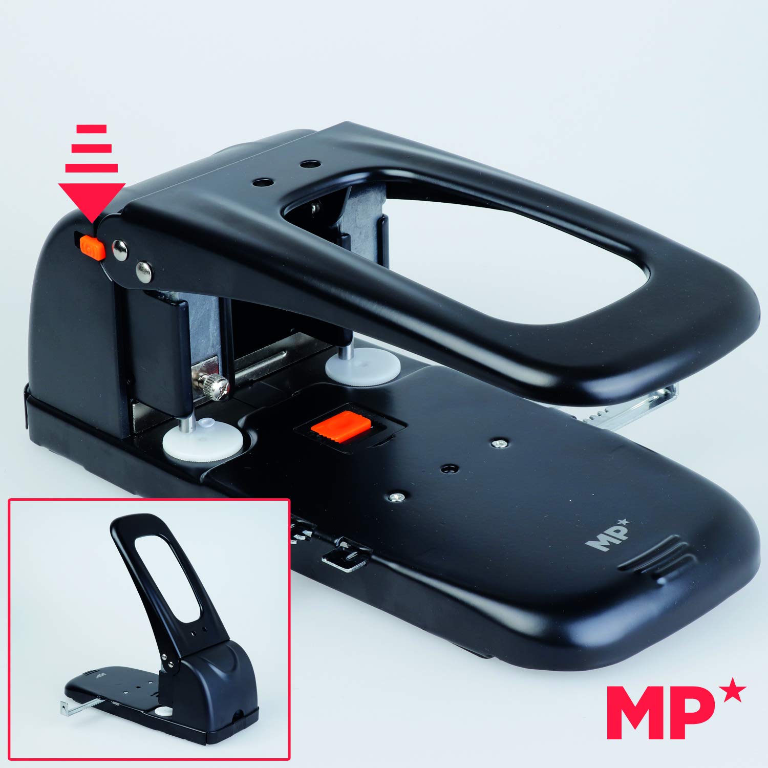 MP - Perforadora Papel 100 Hojas de Gran Capacidad, Taladradora Papel 2 Agujeros Puede Controlar el Tamaño de los Agujeros y Regleta de Tope para Ajustar el Papel, Asa con Cierre