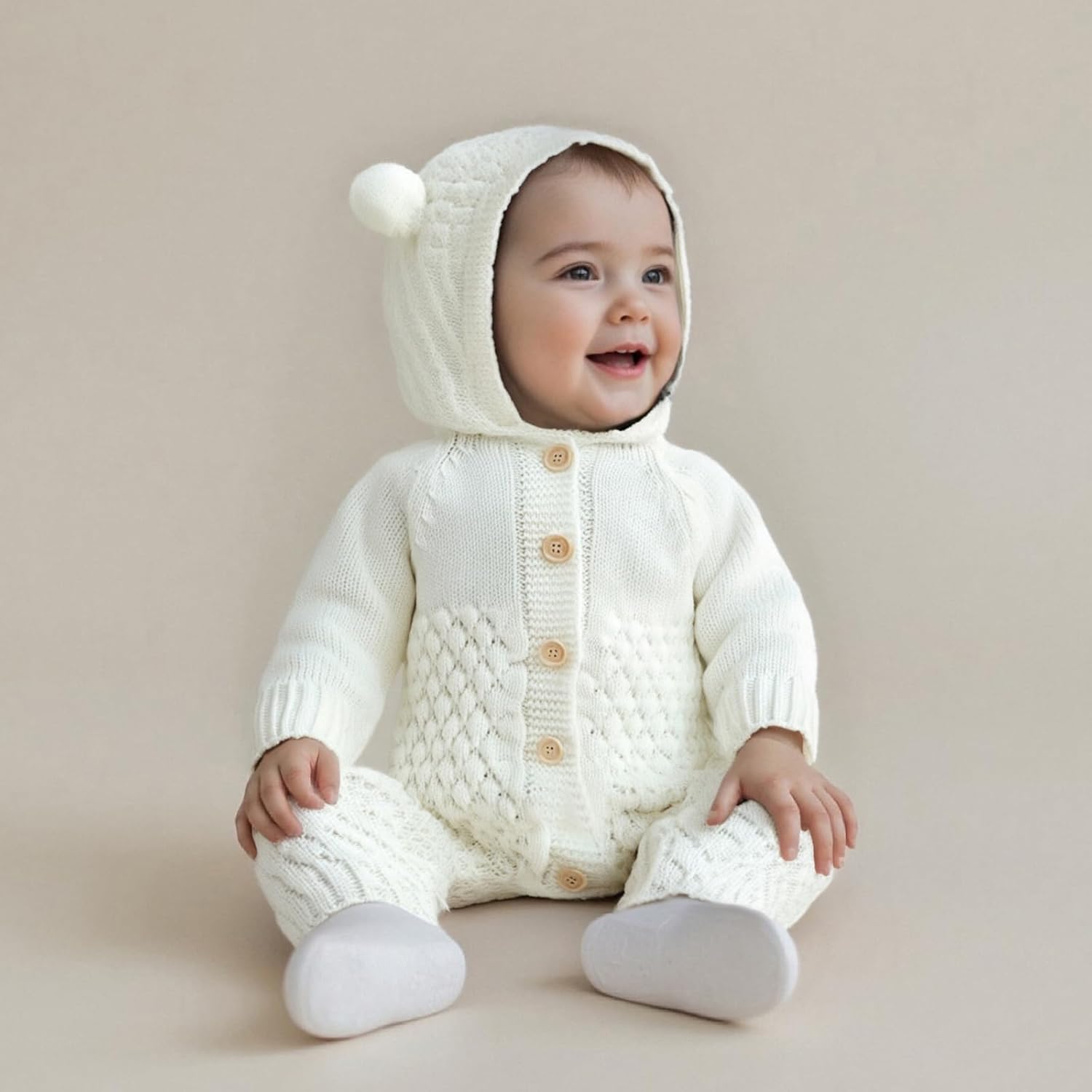 Newborn Baby Girls Boys Hooded Sweater Romper Knit Bear Ear Long Sleeve Solid Color Button Jumpsuits Winter Clothes