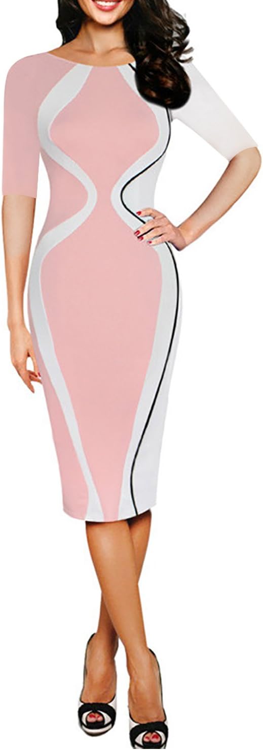 OKLICH Work Dress for Women Casual Round Neck Fitted Waist Business Pencil Dress