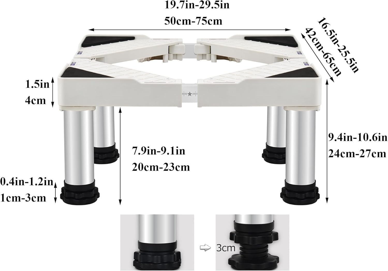 Adjustable Washing Machine Stand Refrigerator Base with 4 Strong Feet Adjustable Length 50-75cm width 42-65cm Height 24-27cm Load 200kg Cabinet Stand Feet for Washer Refrigerator Dryer White