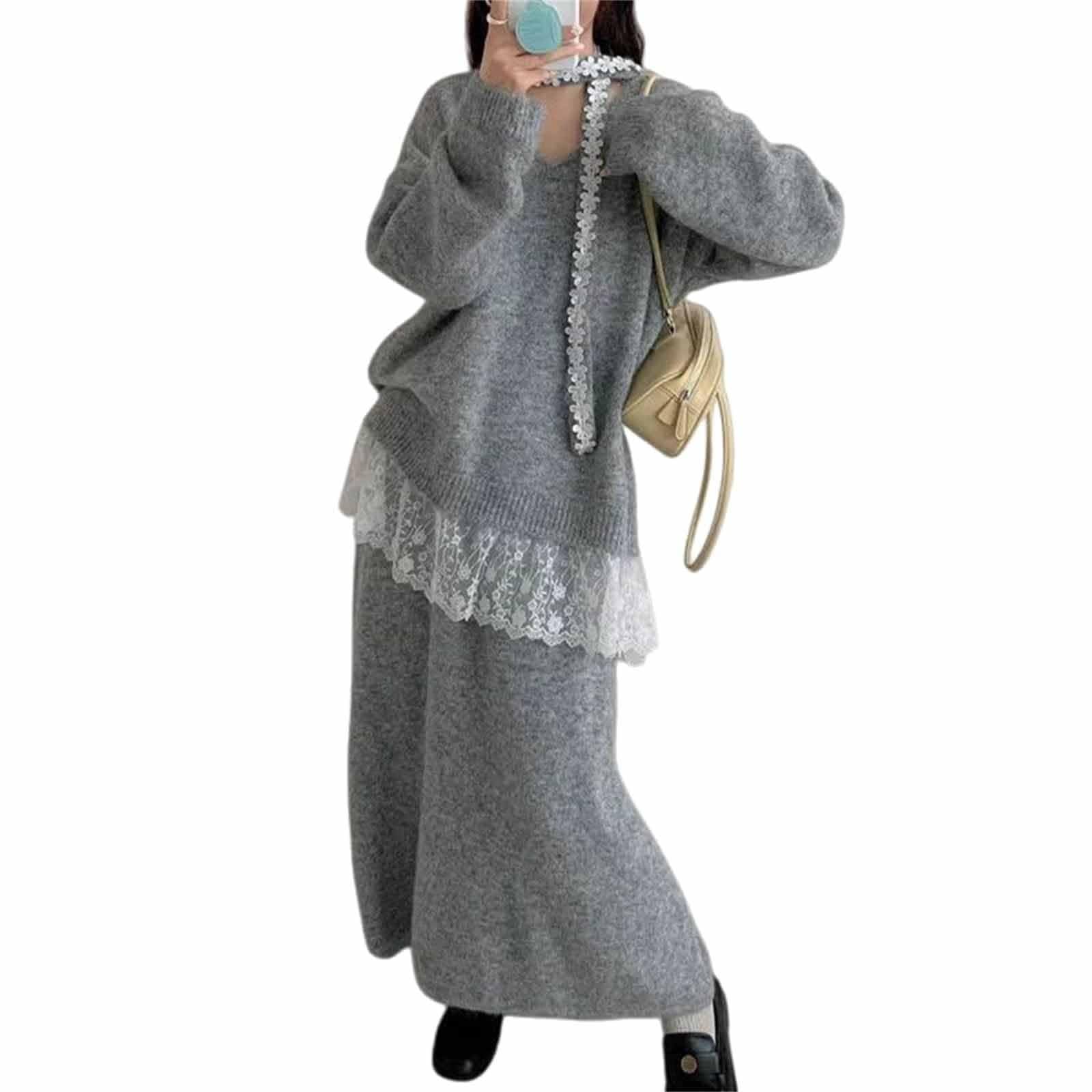 Generisch Tuta da donna in maglia con bordo in pizzo, scollo a V, per il tempo libero, maglione e gonna, set da 2 pezzi, vestibilità larga, in tinta unita, tuta da casa