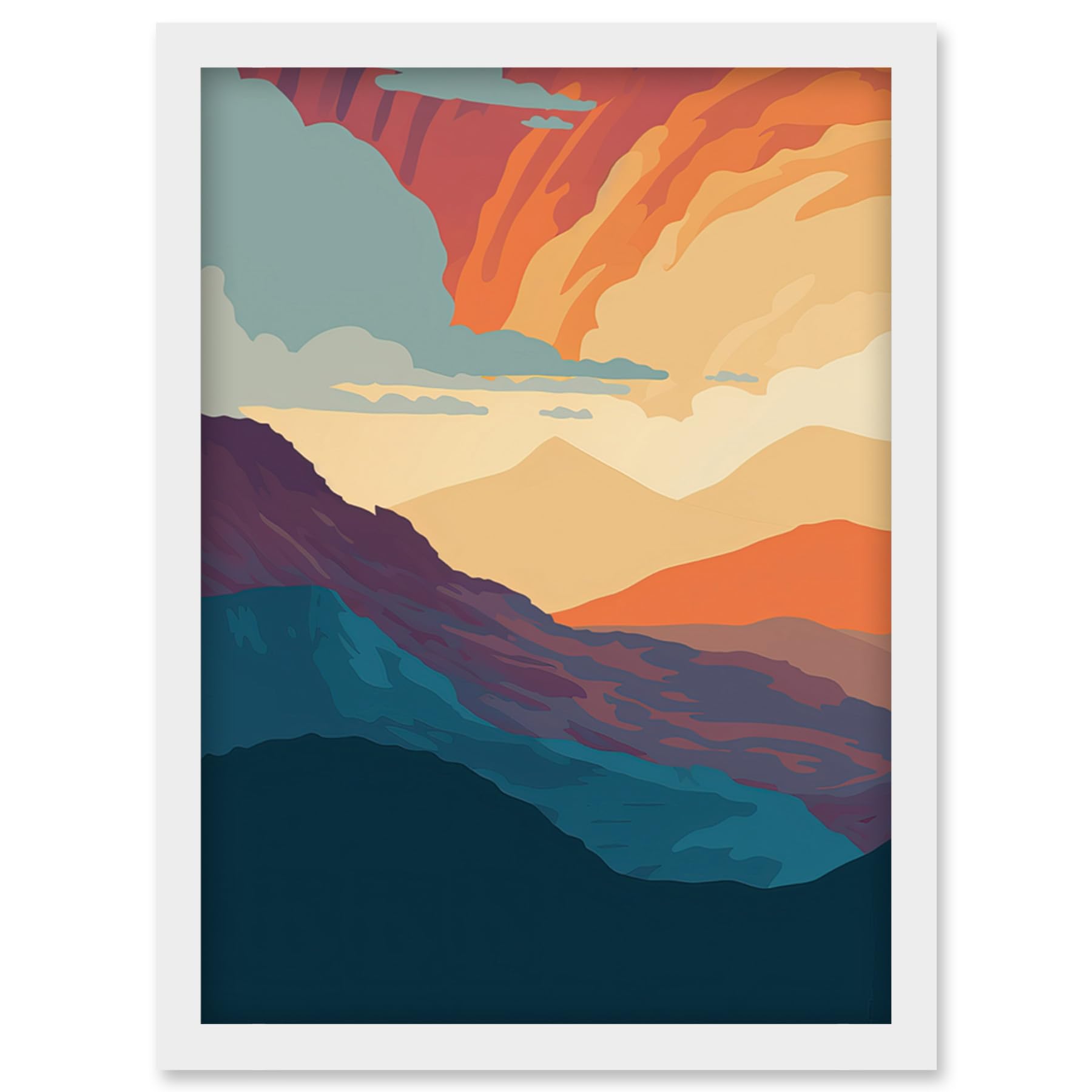 Framed Wall Art Print A4 - Atmospheric Sunset Sky Serene Mountain Landscape - Artery8
