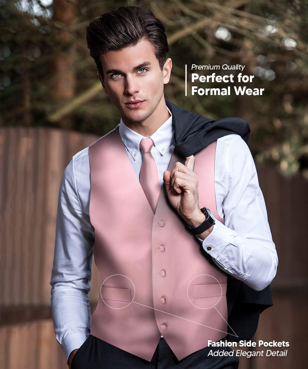 Solid Color Satin Suit Vest for Men Set of 4 - Vest, Tie, Bow Tie & Pocket Square (White Back)