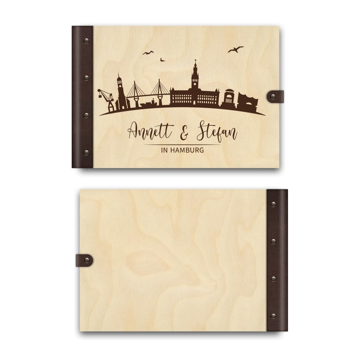 Personalisiertes Hochzeit Gästebuch echtes Holz DIN A4 Hochzeitsbuch mit Lasergravur - Hamburg - mit 72 Blatt / 144 Seiten Naturpapier Weiß