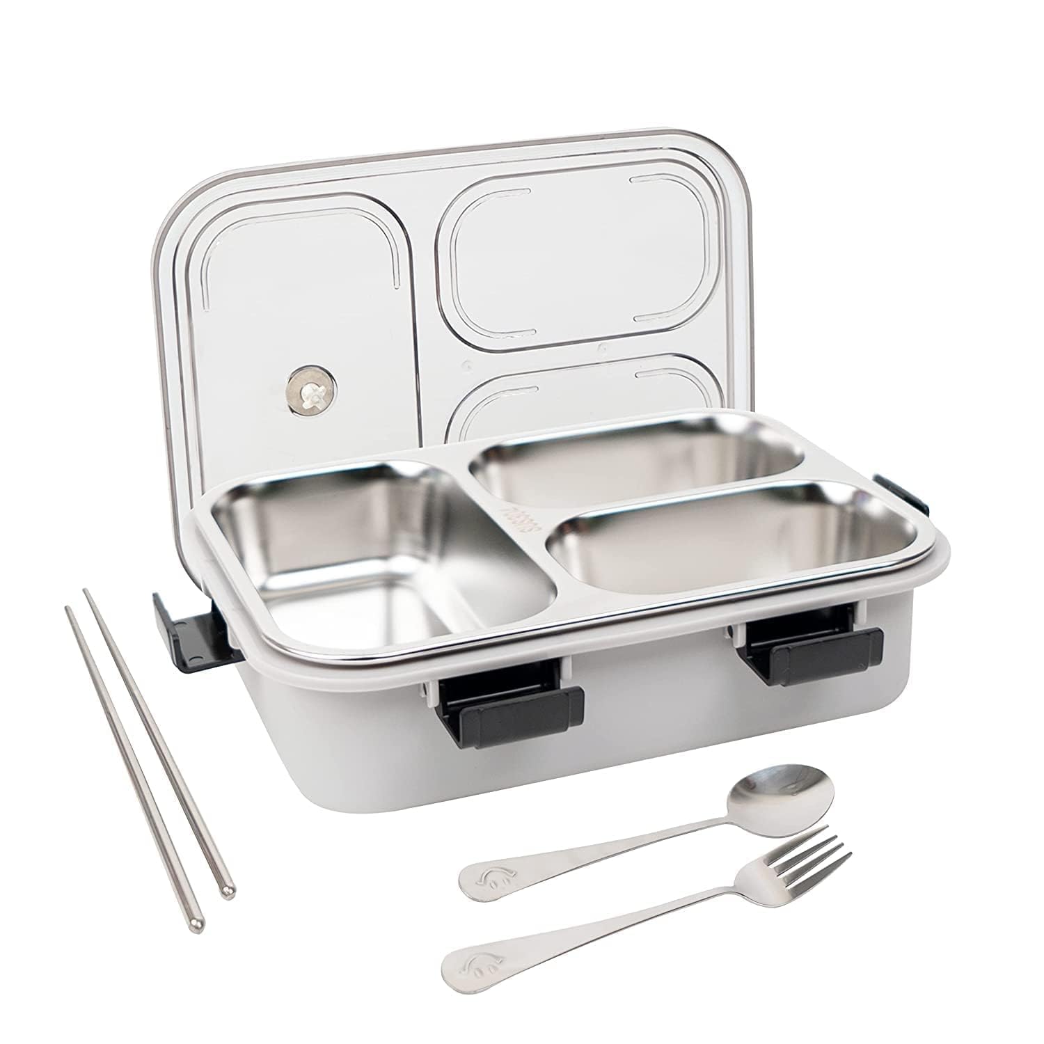 PRIME DEALS Lunch Box Sealed Leakage Proof Stainless Steel Lunch Box with Fork Chopstick&Spoon Lid Office Food Container for School Kids and Adults 750ml (Grey, 3 Compartment)