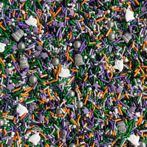 Image of Fancy Sprinkles Hocus Pocus Halloween Sprinkles 1 Pack (0.5c) | Ghost & RIP Tombstone Shaped Candy | Green, Purple, Orange & Black Jimmies | Halloween Cake, Cupcake & Cookie Decorating