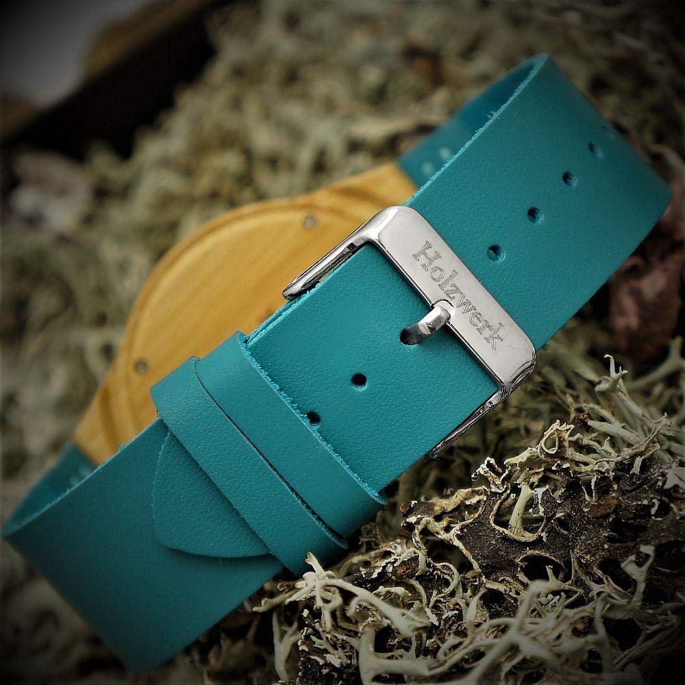 Holzwerk Germany Handgefertigte Designer Damen-Uhr Herren-Uhr Öko Natur Holz-Uhr Leder Armband-Uhr Analog Klassisch Quarz-Uhr in Blau Buche Türkis Schwarz