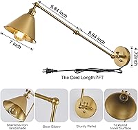 Vista 7 de Juego de 2 apliques de pared con brazo oscilante, modernas lámparas de pared con cable Industrail enchufables, lámpara de pared ajustable de latón