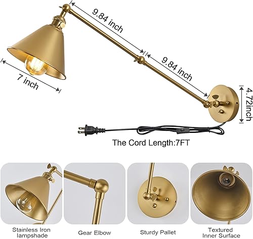 Miniatura 7 de NKJORTPPL Juego de 2 apliques de pared con brazo oscilante, modernas lámparas de pared con cable Industrail enchufables, lámpara de pared ajustable