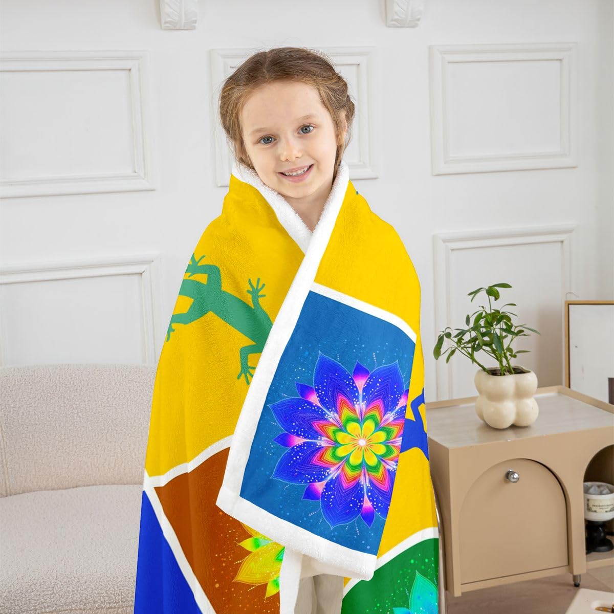 Homewish Gekonowy koc polarowy, egzotyczny, ciepły, pluszowy, sherpa, pop-art, mandala, jaszczurka, kolorowy, puszysty, pluszowy, patchworkowy, retro, boho, kwiat do salonu, sypialni, biura