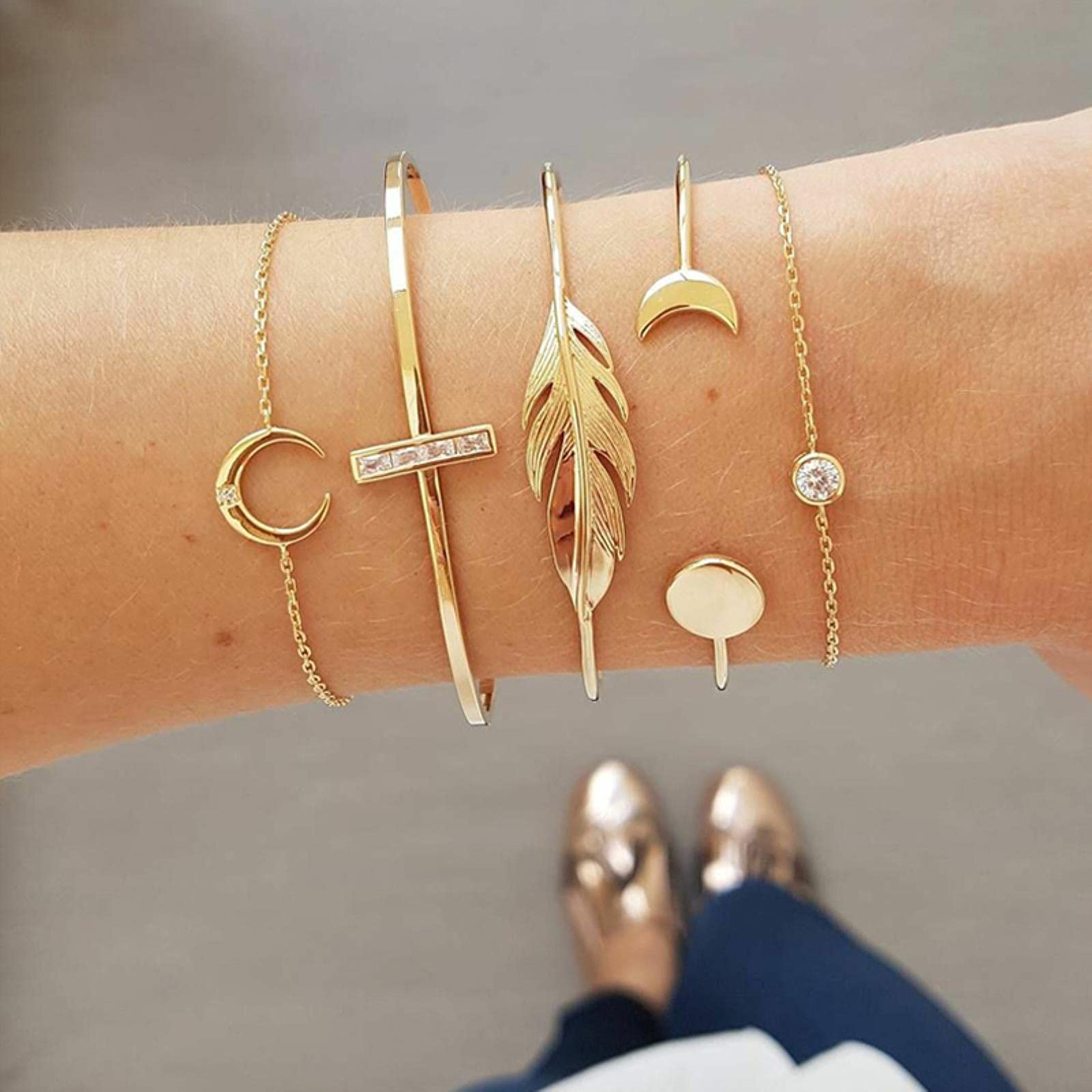 bransoletka w stylu bohemy, Czeska złota bransoletka z kryształowym liściem księżyca i opalem otwartym łańcuszkiem dla kobiet, luksusowa Bangle Femme Jewelry Gift