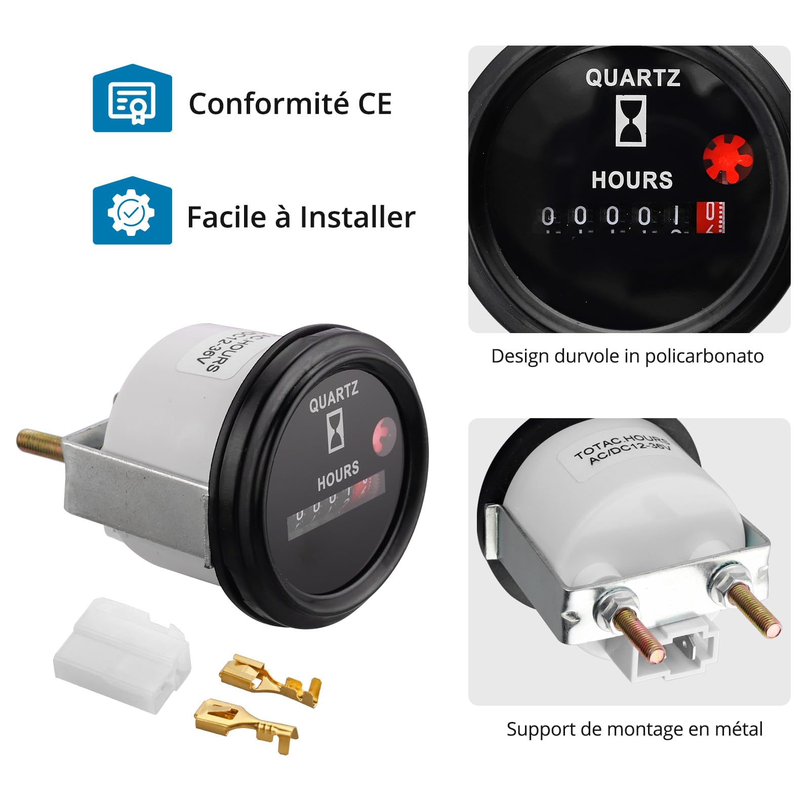 AUTOUTLET Compteur d'heures à quartz industriel 6 V-80 V, 12 V avec support de montage en métal, anti-vibrations, étanche, design à quartz pour intérieur et véhicule