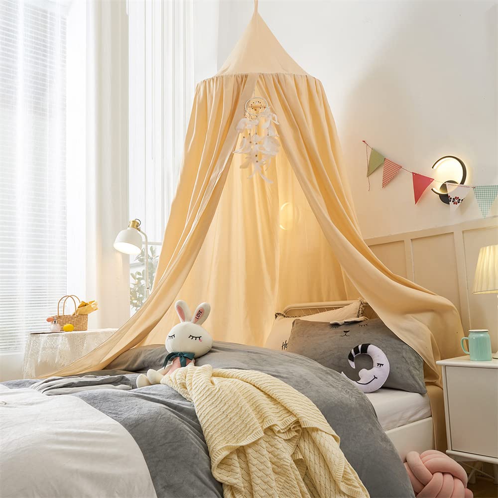 Surwin Bed Canopy for Girls Boys Kids Single Double Bed, Solid Color Round Dome Bed Canopy Mosquito Net Protection Canopy Play Tent Bedroom Nursery Decoration Hanging Curtain Net (Khaki)