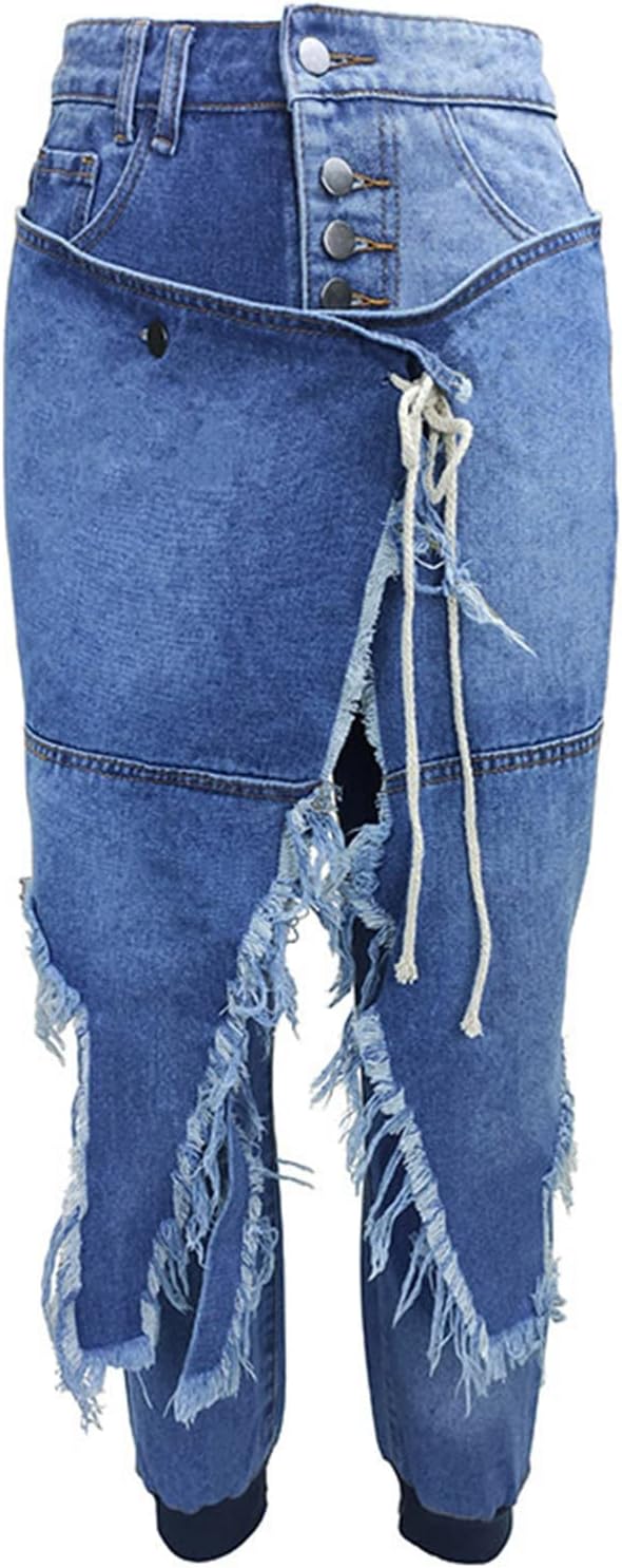 HGps8w Women's Plus Size Jeans Chic Wrap Patchwork Streetwear Distressed Stretchy Sexy Cropped Denim Pants with Pockets