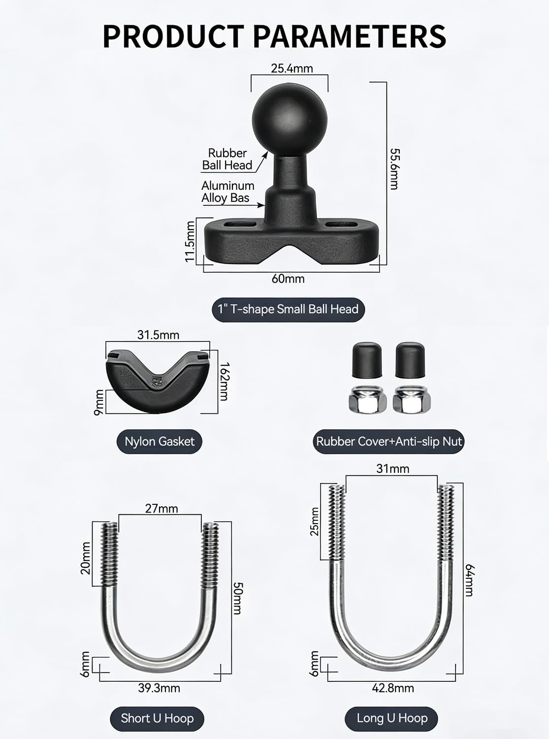 Strg 1'' Ball Mount with U-Bolt Base for Round Rails 0.5'' to 1.26'' in Diameter, Handlebar Ball Mount Compatible with RAM Mounts B Size 1 inch Ball Double Socket Arm & Bike Motorcycle Phone Holder