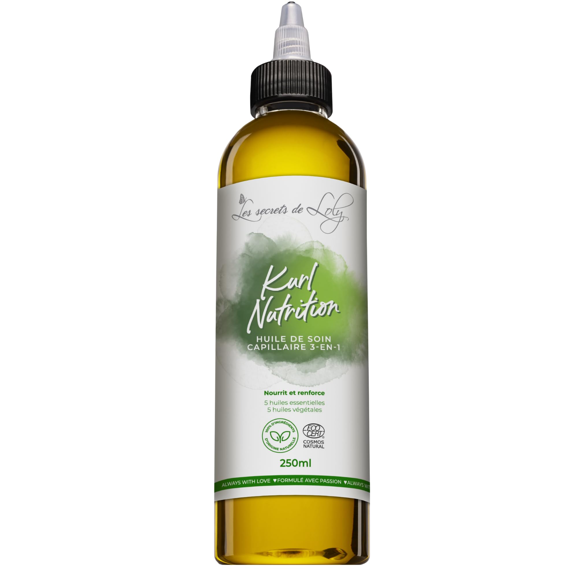Les Secrets de Loly – Kurl Nutrition – Huile capillaire 3-​en-​1 Nourrissante & fortifiante – Cheveux ondulés, bouclés, frisés et crépus – 100% d'origine naturelle – 250 ml