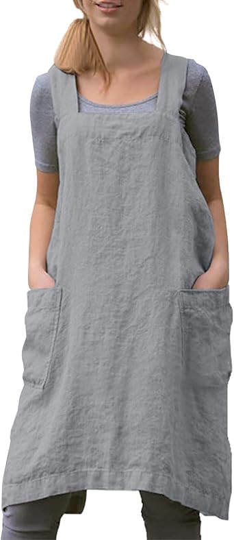 Women Apron with 2 Pockets Cotton Linen Kitchen Baking Cooking Chef Cross Back Pinafore Dress