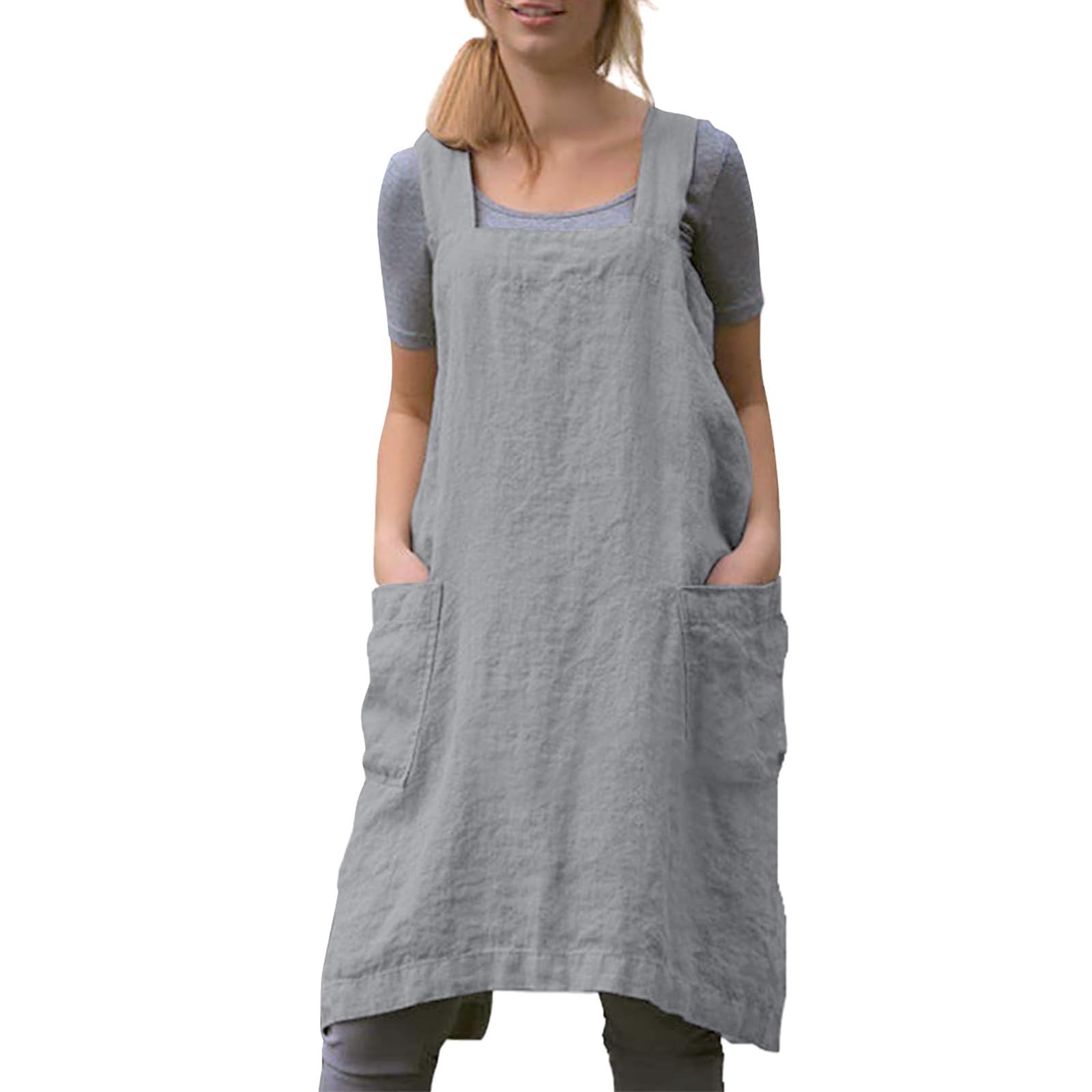 Dianinfa Women Apron with 2 Pockets Cotton Linen Kitchen Baking Cooking Chef Cross Back Pinafore Dress
