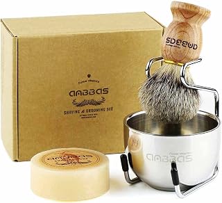 Anbbas Badger Hair Shaving Brush Set: Wood Handle, Goat Milk Soap 100g, Stainless Steel Stand & 2-Layer Bowl - Premium Wet Shave Kit for Men
