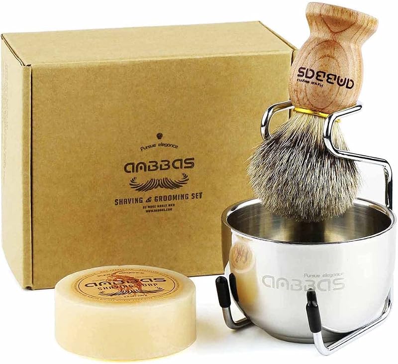 Conjunto Anbbas com pincel de barbear de pelo de texugo, sabonete e suporte