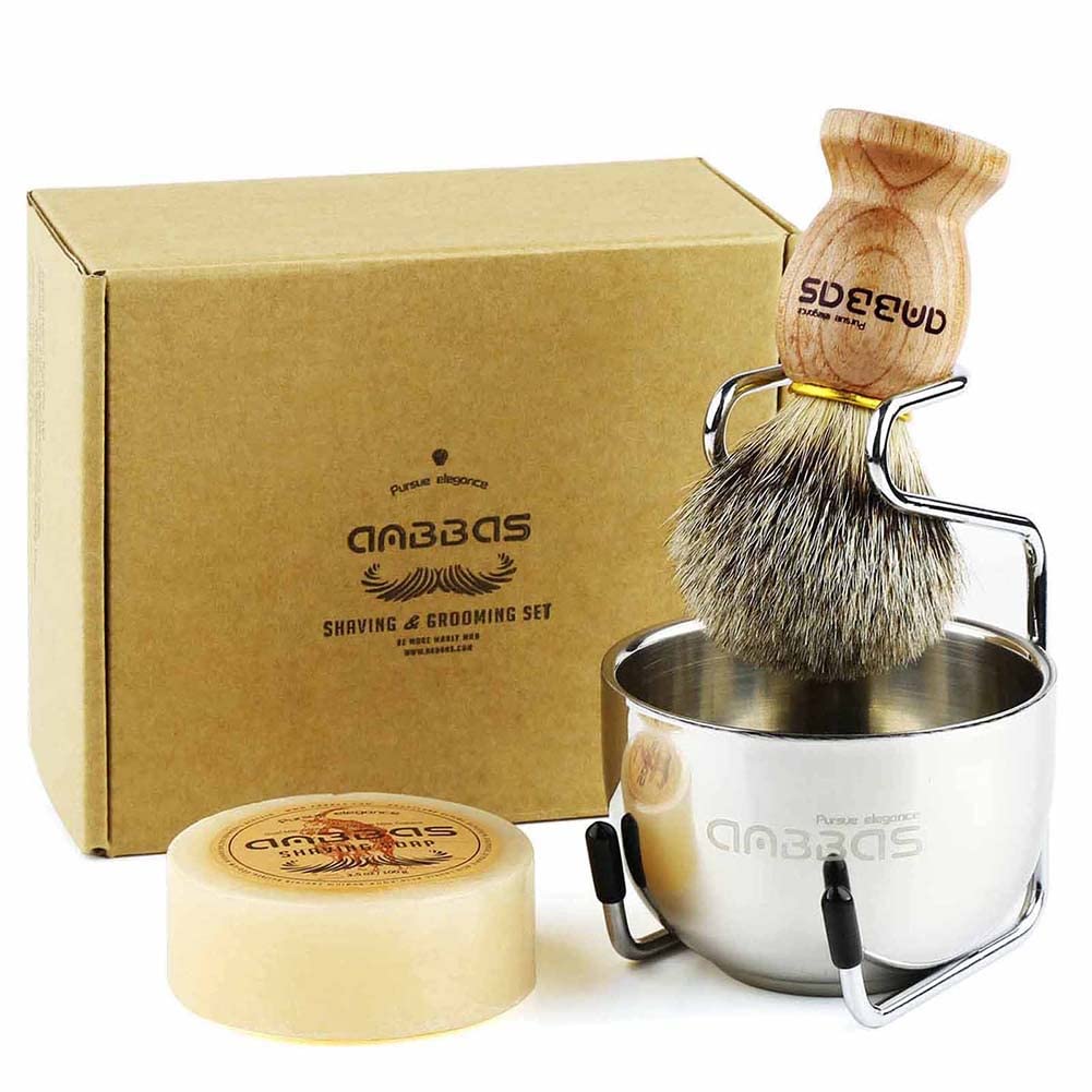 Anbbas Badger Hair Shaving Brush with Wood Handle Goat Milk Shaving Soap 100g Stainless Steel Shaving Stand and