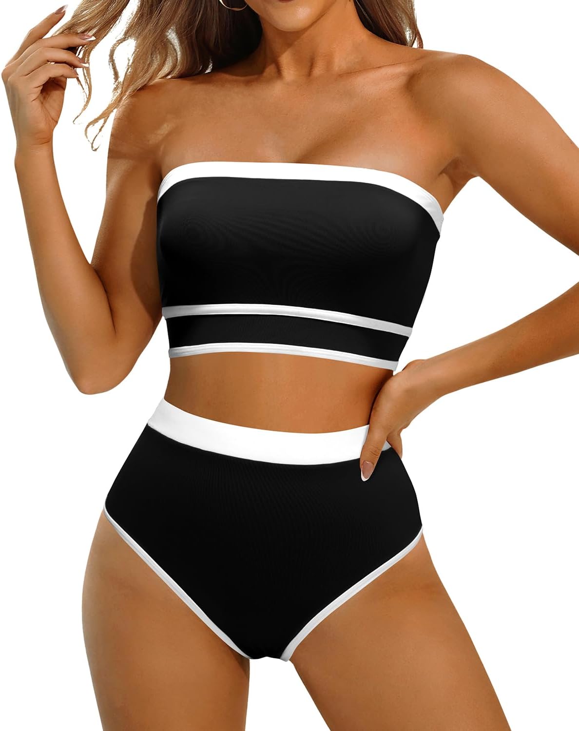 Yonique Bandeau Bikini Strapless Swimsuit - Two Piece High Waisted Bathing Suits