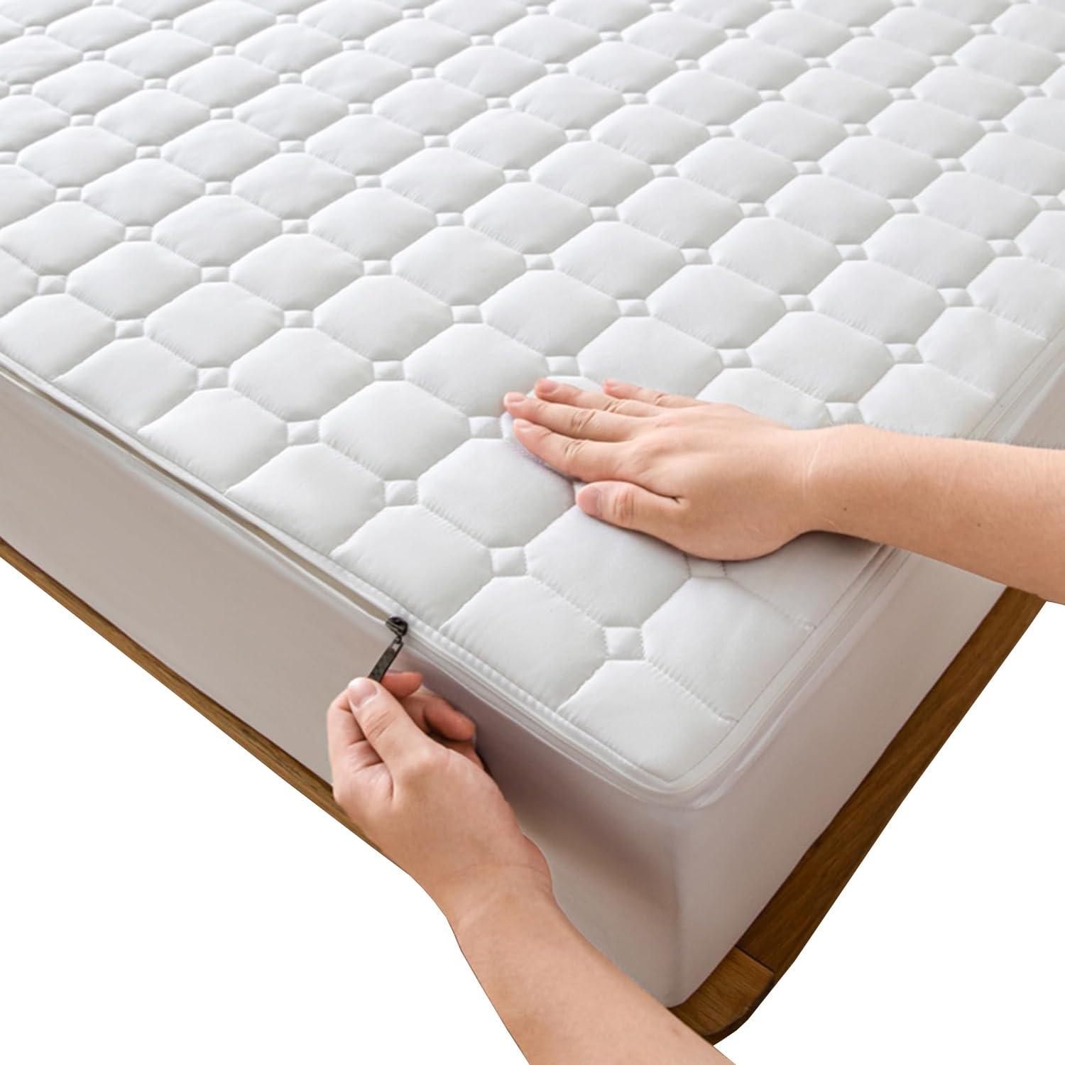 Fundas Colchon Acolchado Protector Colchón 150x200 135x190 105x190 180x200 con Cremallera Personalizable Transpirable Cubrecolchón Lavable(Blanco,160x200x20cm)