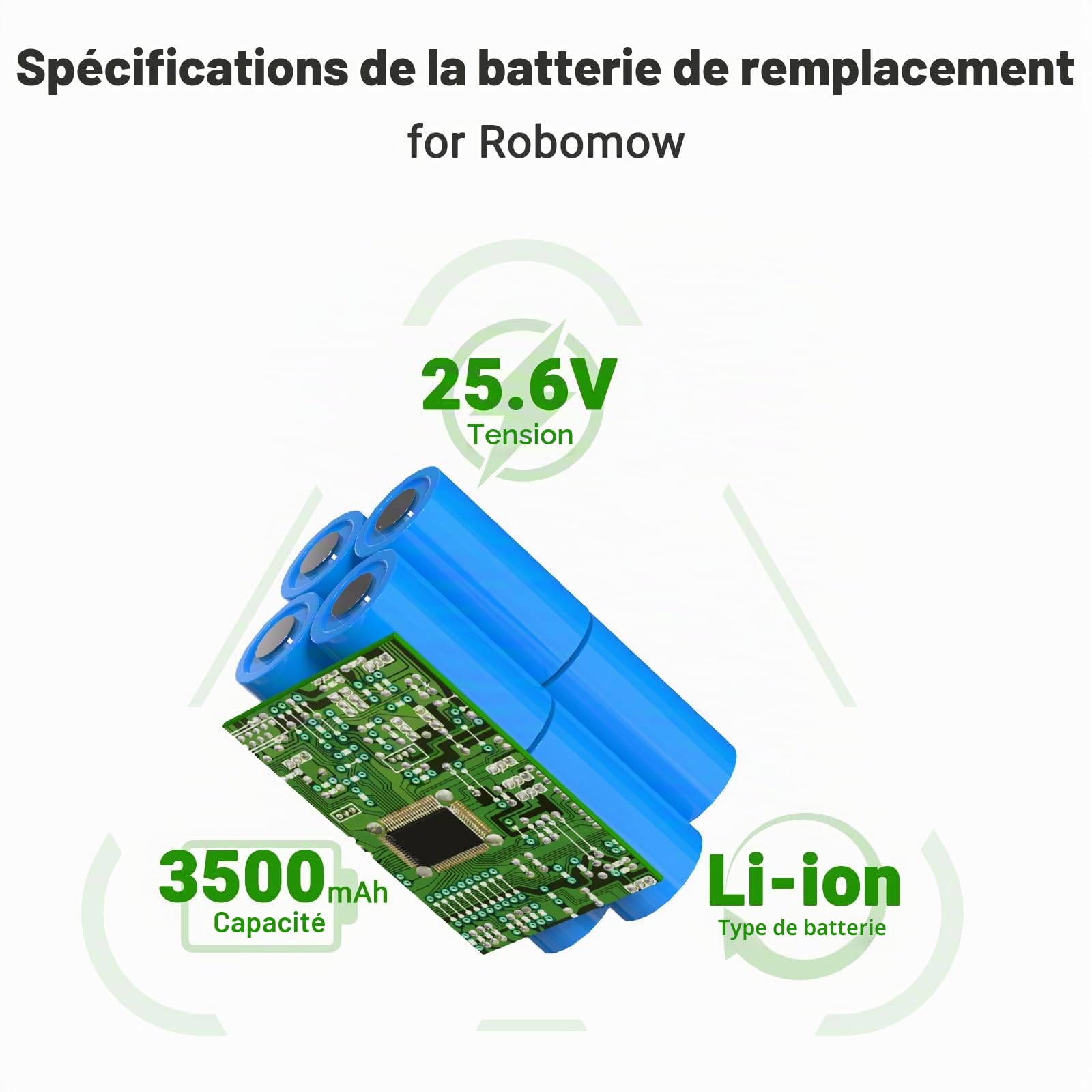Batterie Li-ion de rechange 25,6 V 3500 mAh compatible avec Robomow Premium RC302, RC304, RC304u, RC306, RC308, RC308u, RC312, RC312u, remplace BAT7000B, MRK7005A