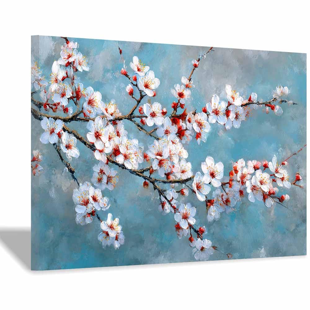 ZAMAEIU Landscape Canvas Painting Branch-bursting flowers Wall Decor, Modern Artwork, For Bedroom Living Room Bathroom Home Office Room Decorations(white)-70x100cm Framed