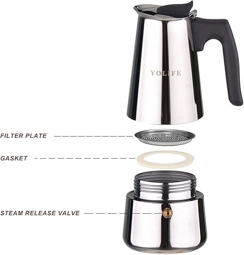 Miniatura 3 de YOLIFE Cafetera de café expreso, pequeña olla italiana para café, capuchino y café con leche, acero inoxidable, 15.2 fl oz, 16 onzas, 9 tazas (taza