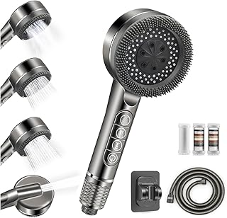 Duschkopf mit Filter, Hochdruck duschkopf mit schlauch, 4 Strahlarten Hochdruck Handbrause duschemit stoppfunktion und Filtration Gegen Kalk für Hartes Wasser,Rest-Chlor,Bakterien Grau