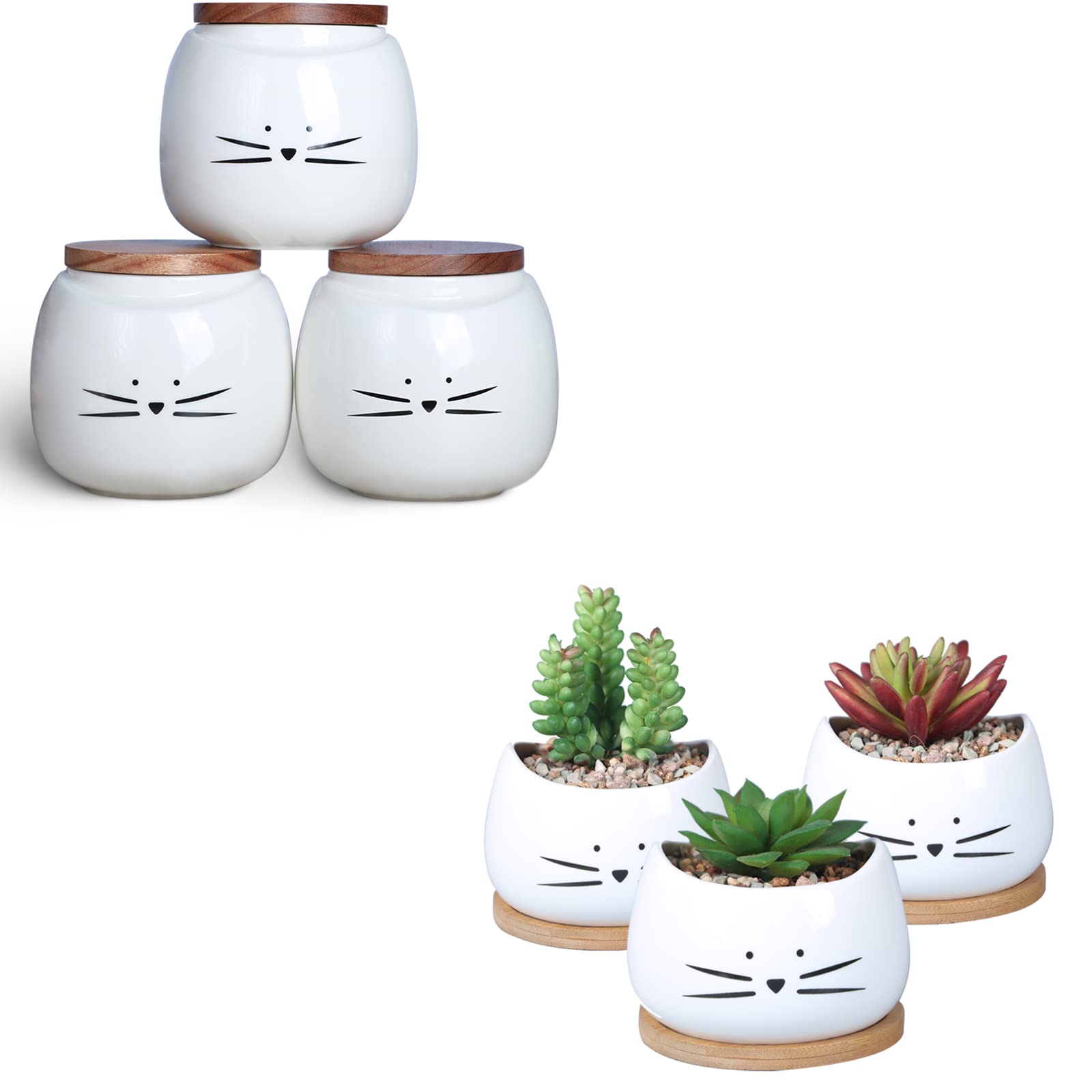 KoolkatkooCeramic Cat White Canister Set Coffee Tea Sugar Food Storage with Bamboo Lid for The Kitchen Canister Round Set of 3