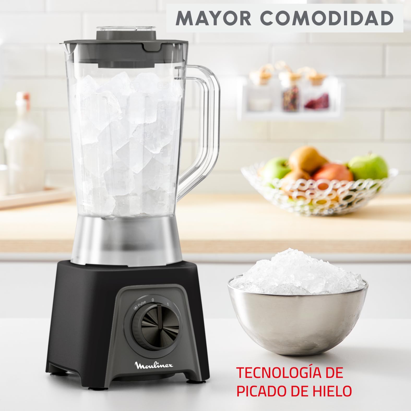Moulinex Blendeo+ Batidora de vaso 450W 1,5L 2 velocidades Pulse Pica hielo Cuchillas extraíbles Gris