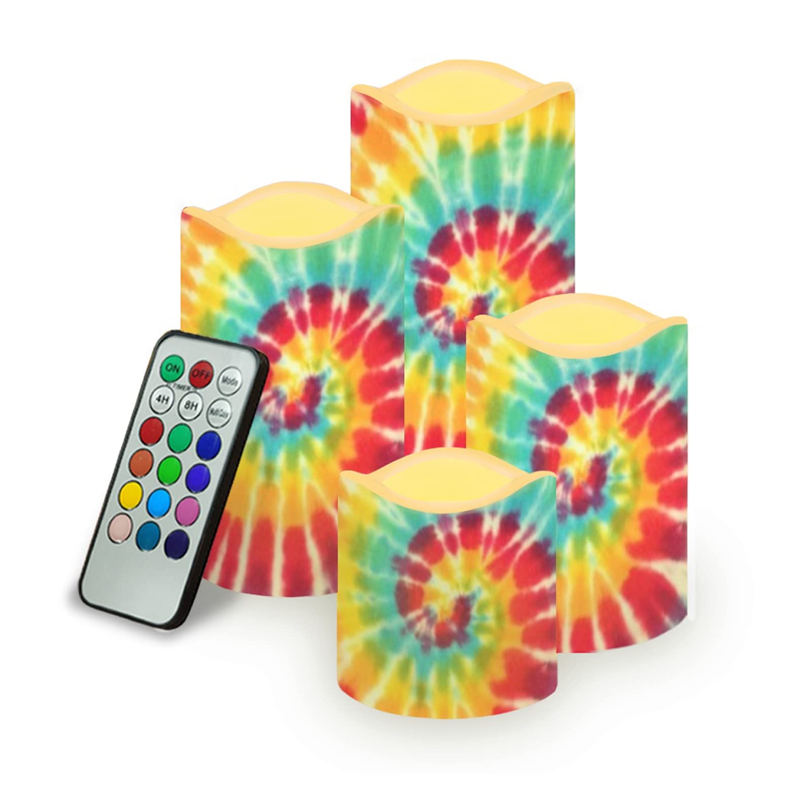 Dolyues Tie-dye Spiral 4 PCS LED Pillar Candles Colorful Rainbow Flameless Light with 4/8 Hour Timer, Christmas Birthday Party