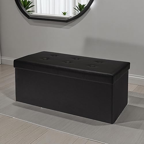 Miniatura 2 de Otomana plegable de almacenamiento de 30 pulgadas, otomana de cuero sintético negro, banco de almacenamiento para dormitorio, sala de estar y