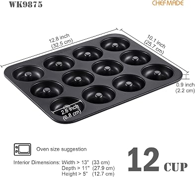 CHEFMADE Nonstick Donut Pan, 12 Cavity Ring Doughnut Pan for Baking Cookies Bagel (Black)