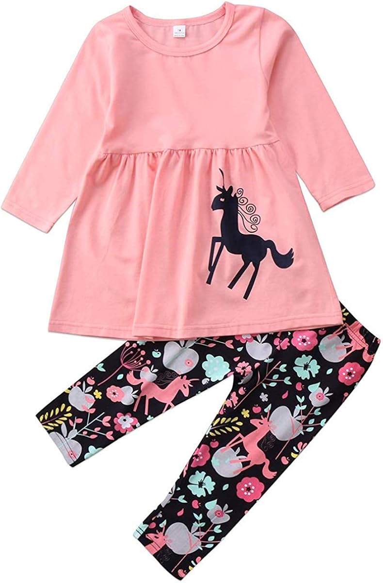 waterluo 2Pcs Toddler Baby Girl Winter Clothes Unicorn Print Long Sleeve T-Shirt Tops+Floral Pants Outfit Set