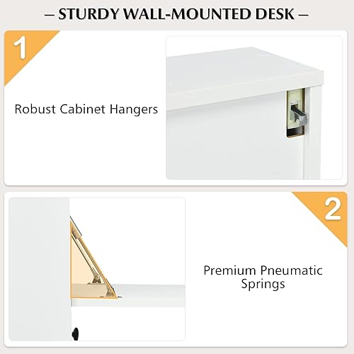 Miniatura 5 de KOTEK Escritorio montado en la pared, escritorio flotante para portátil con cajón de almacenamiento y estantes, gabinetes de almacenamiento