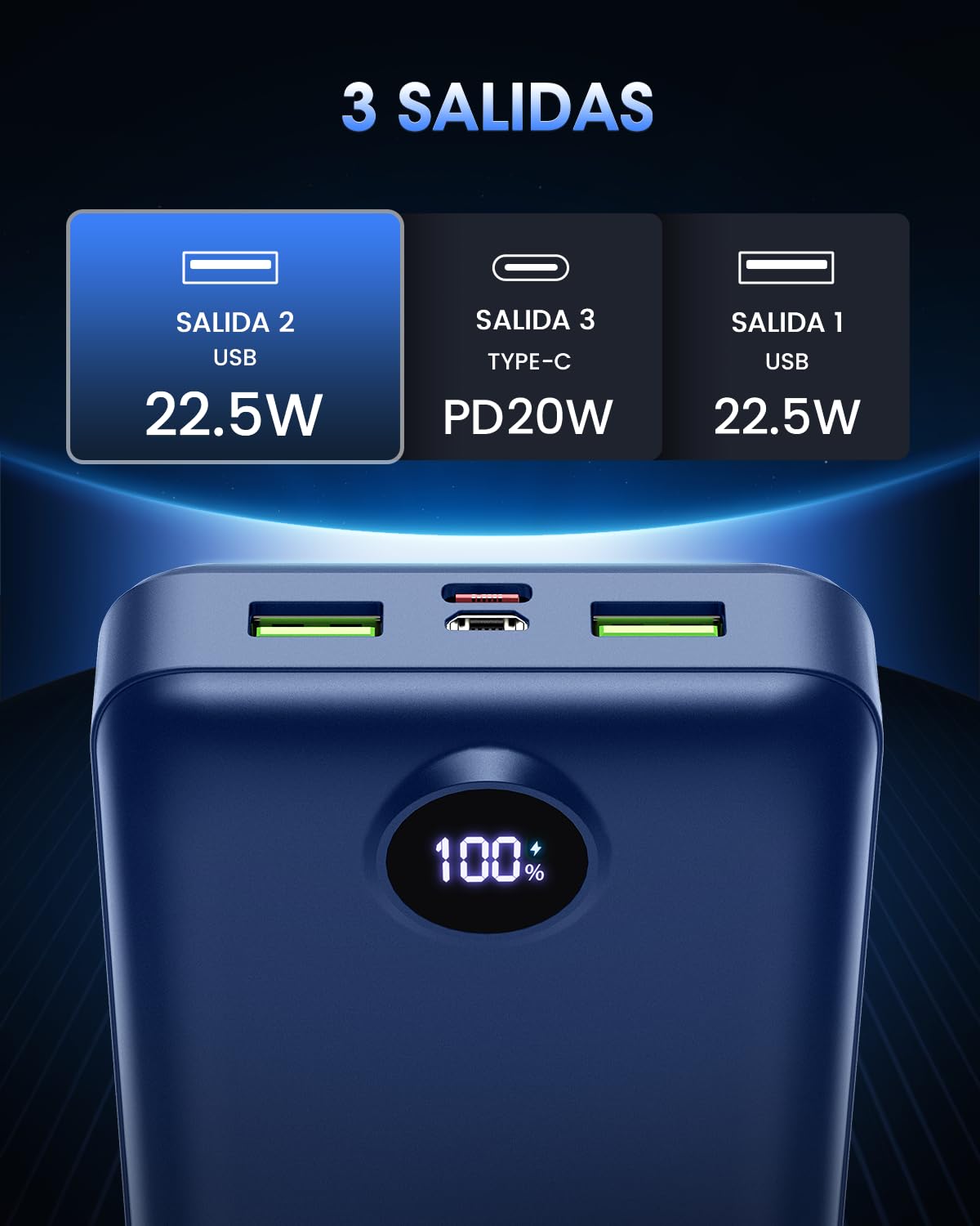 Power Bank 50000mah, 22.5W Bateria Externa Carga Rapida Portatil Camping,USB-C con 3 Salidasy 2 Entradas, Pantalla Led, Gran Capacidad Compatible con iPhone iPad, Android Azul