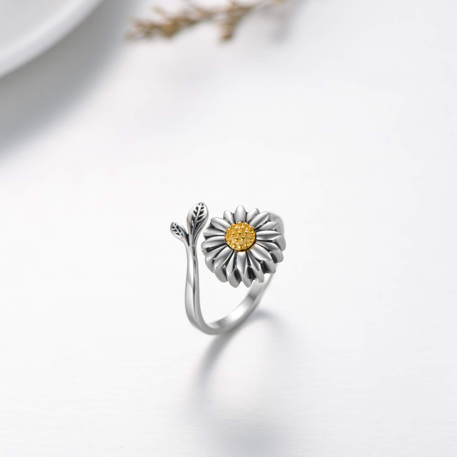 LONAGO Anillo de plata de ley 925 con diseño de girasol, diseño de margaritas de girasol, anillo abierto ajustable para mujer