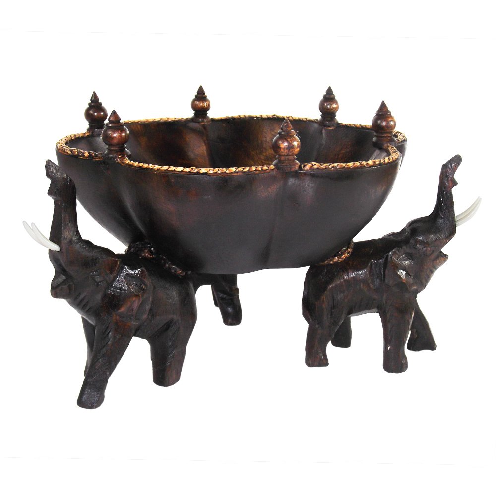 AeraVida 8 inches Triumphant Elephants Carved Rain Tree Wooden Bowl - Fair Trade Handicraft