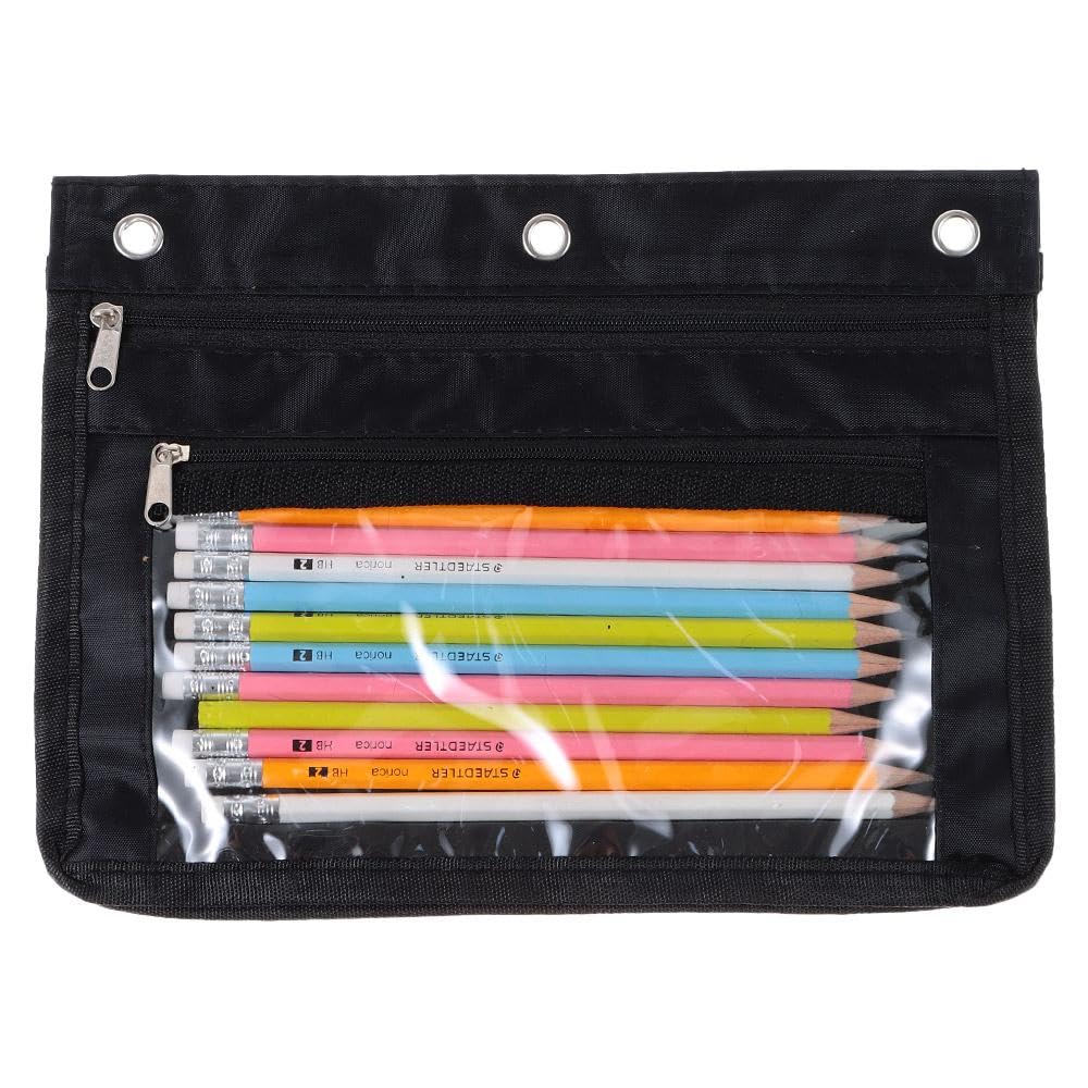 Risedot 3 Ring Binder Expandable Pencil Pouch Large Capacity Pencil Pouch with Zipper for Office Home, Black