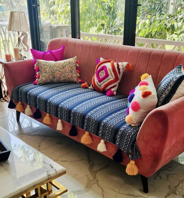 Luxury 3 Seater Sofa Cover with Tassels| Blue Tribal Pattern Three Seater Anti-Slip Sofa Cover with Tassels- Seat Cover-Fits 3 Seater Sofa Seat- 1 Piece, Diwali Home Decor-image-38