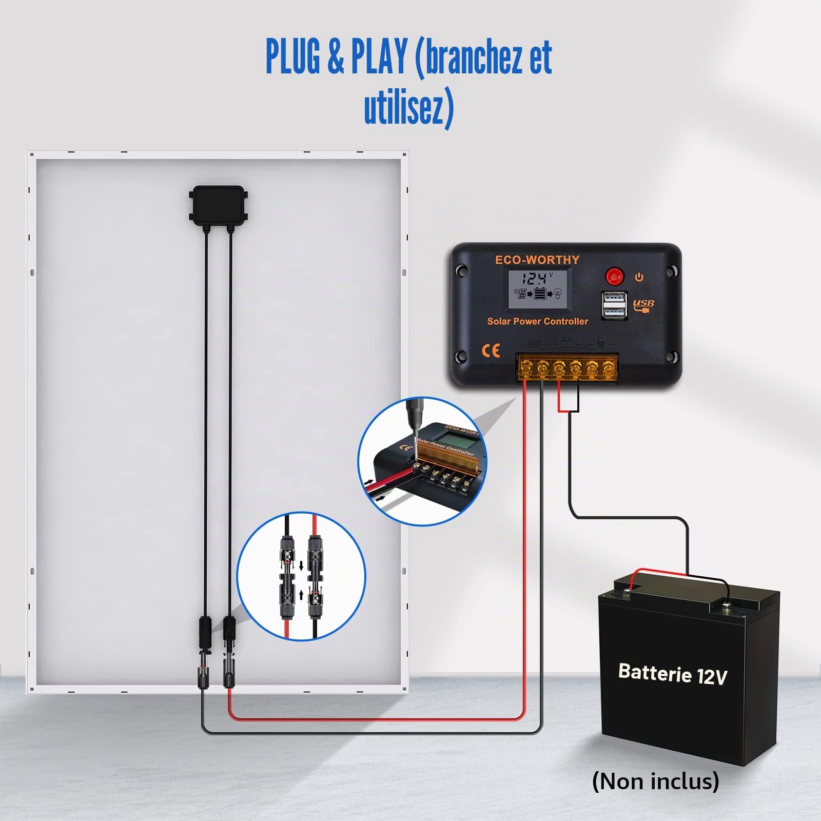 ECO-WORTHY Kit de panneau solaire 120 W 12 V 0,5 kWh/jour hors réseau pour camping-car, bateau, camping : panneau solaire mono 120 W + contrôleur de charge solaire PWM 30 A + supports Z + câbles
