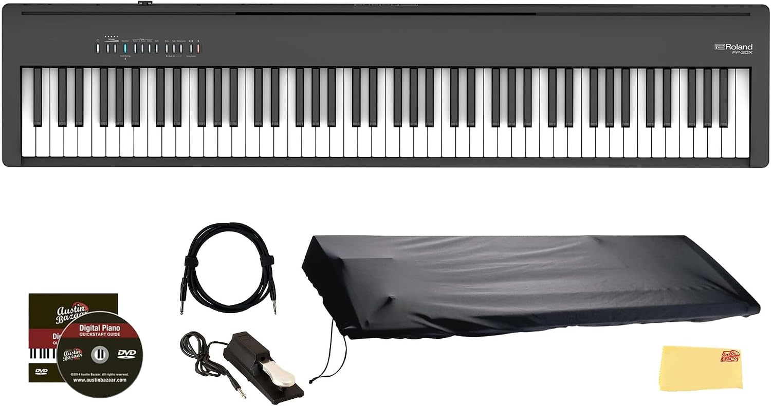 FP-30X-BK 88-Key Digital Piano - Black | Bundle with Sustain Pedal, Cover, Cable, Online Piano Lessons, Austin Bazaar Instructional Video, and Polishing Cloth