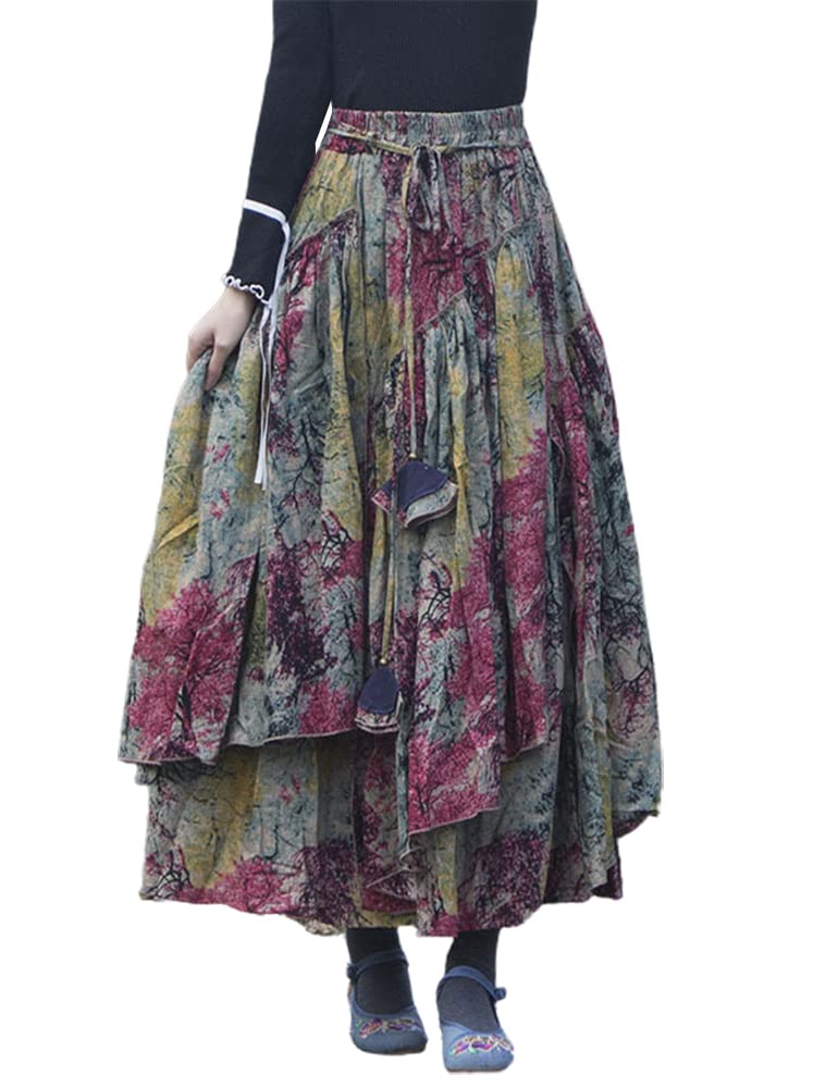 IDEALSANXUNWomens Elastic Waist Aline Cotton Lined Retro Maxi Hem Pleated Long Skirts