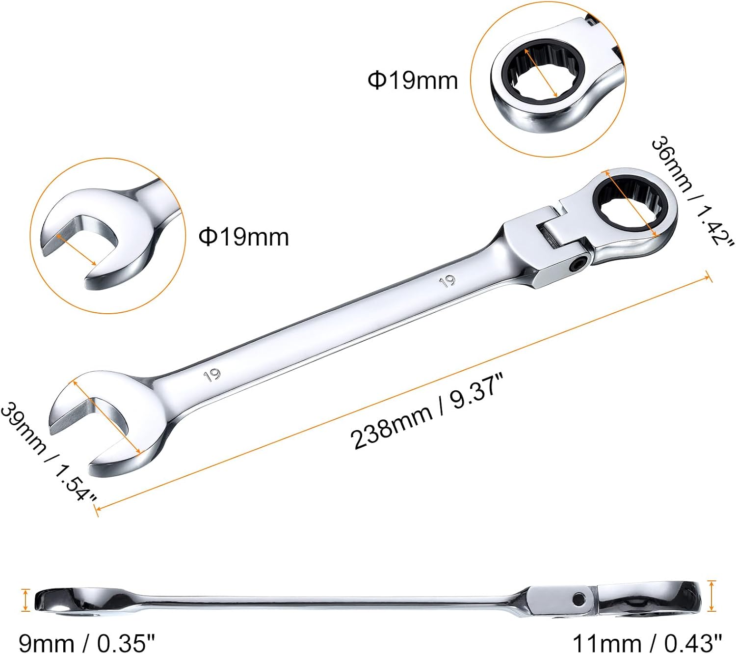 HARFINGTON 2pcs Flex-Head Ratcheting Wrench 19mm 180° Rotating Head Metric Ratchet Combination Wrenches 72-Teeth Chrome Vanadium Steel Open End Ratchet for Fasteners Nut Bolt