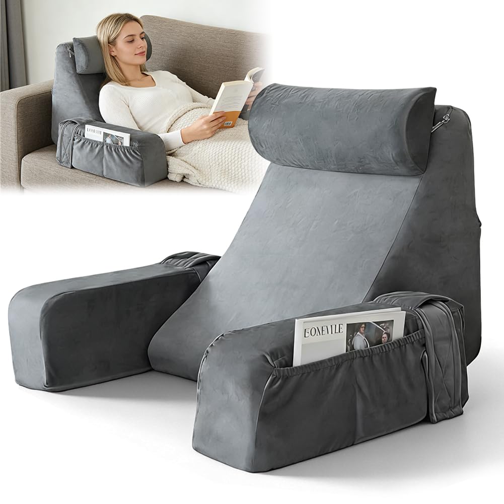 Coussin de lecture pour lit et canapé, coussin de dossier, lit pour adulte, avec accoudoirs amovibles et coussin de tête, coussin de soutien dorsal avec housse lavable pour lire, regarder la