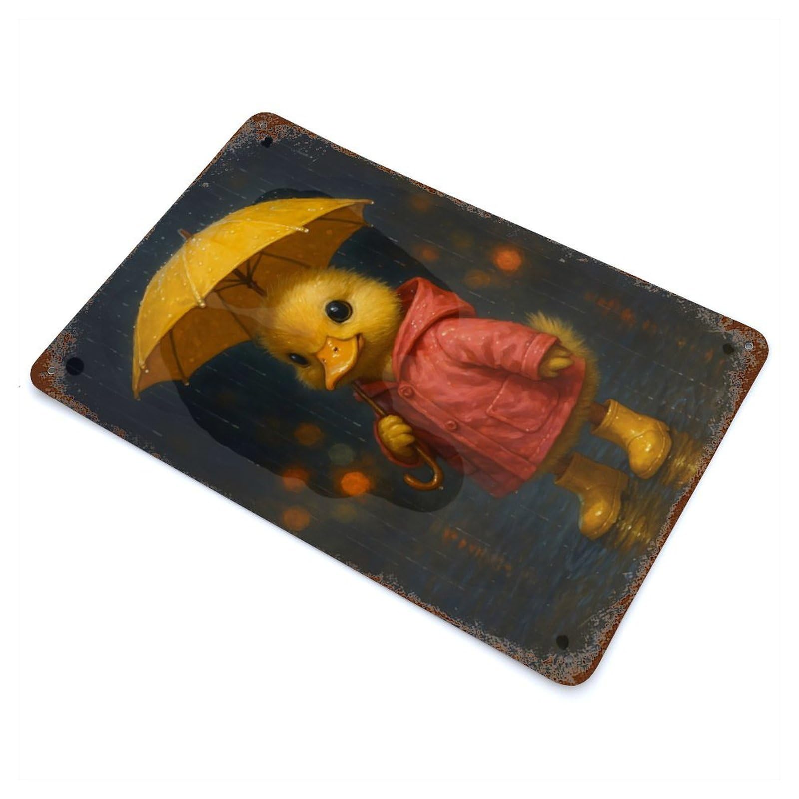 Garage Style Duckling in Raincoat with Umbrella Distressed Metal Wall Sign 11.8"x7.9", Novelty Wall Decor for Bar And Workshop